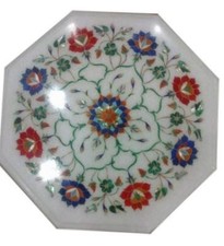 Table En Marbre Blanc En Incrustation 12" Pour Coin / Fin Artisanat Pietra Dura