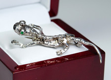 Argent - Broche Designer Vintage - Émeraudes - Forme De Salamandre