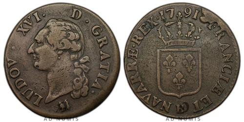 France sol écu 1791 - sol, b