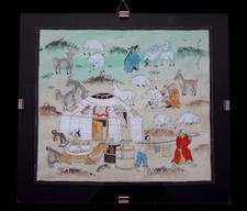 Peinture mongole yourte scéne mongolie Old mongolian painting signed
