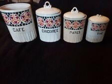 4 Pots Épices anciens Céramique Chicoré Café Pates Thé avec 3 Couvercle Art Déco