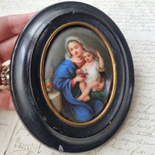 MINIATURE XIXè Porcelaine Peinte Cadre Vierge A L'Enfant