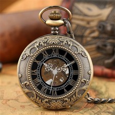 Exquise montre de poche à remontage manuel mécanique squelette pendentif chaîne demi chasseur !