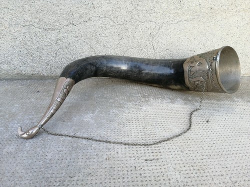 Ancienne corne boire métal - corne,