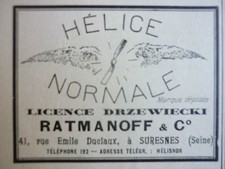 1910 PUB HELICE NORMALE LICENCE DRZEWIECKI RATMANOFF SURESNES PROPELLER AD