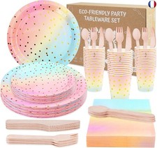 Vaisselle Anniversaire Fille, 200 Assiette Arc en Ciel Or,Assiettes en Carton