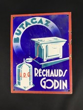 Très rare plaque publicitaire émaillée ancienne réchauds Godin U.R.G. Butagaz