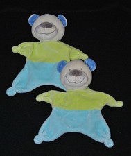 Lot 2 peluche doudou ours beige plat NICOTOY vert bleu oreilles bleues TTBE 