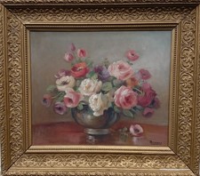 Huile sur toile signée " Nature morte au bouquet de fleurs "