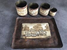 Set De BUREAU Ancien En LAITON et CUIR, Plateau 4 Pots Décor CHASSE à COURRE