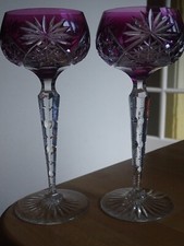 TWO VINTAGE ROEMER WINE GLASS CRYSTAL VAL ST LAMBERT AMETHYSTE PATTERN MOSELLE