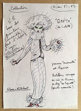 Dessin Original Encre Irène Leduc Portrait Chat Croquis Mode Couture Humour XXe