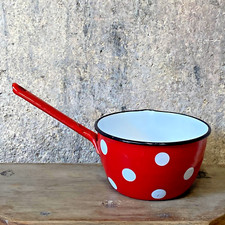 Petite Casserole Verseuse Vintage Tôle Émaillée Rouge/Pois Blancs -Déco Cuisine