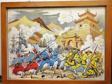 ancienne affiche scolaire MDI Histoire Conquête Tonkin automobile aviation