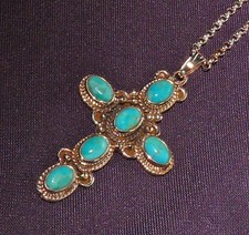 Pendentif, Croix Avec 6 Turquoise, Chaîne Argent, 39x24x5mm 5,2g Longueur Ouvert