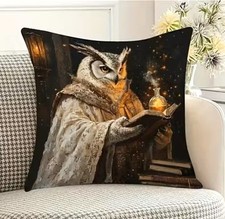 Housse de coussin L'ALCHIMISTE HIBOU MEDIEVAL 45 cm Chouette Hibou humanisé