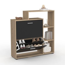 Meuble à chaussures 12 paires KLARK imitation hêtre 2 portes noires avec étagère