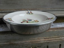 ANCIENNE ASSIETTE À BOUILLIE BÉBÉ FAÏENCE ET MÉTAL ALU DÉCOR NAINS