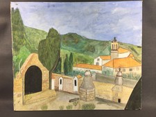 Ancienne peinture à la gouache tableau paysage village vintage