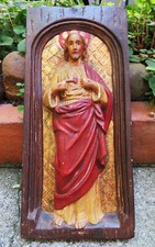 RELIQUAIRE ancien SACRE COEUR  de Jésus PLÂTRE PEINT en ronde-bosse XIXème