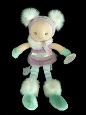 *. DOUDOU ET COMPAGNIE PELUCHE POUPEE LADY ROBE MAUVE BLANC RAYE VERT CHAT NEUF