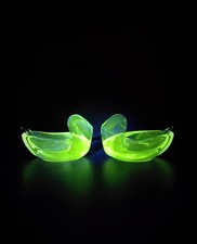 Two Manganese Glass Salt And Pepper cellars Swan Design Art Deco