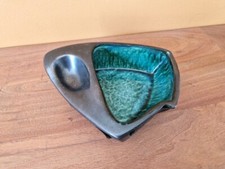 Cendrier porte pipe en céramique glaçure noire gainé de cuir Design style Jouve