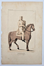 Gravure originale aquarellée XIXe : Habit de Guerre des Premiers Templiers