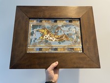 Fresque Bois Plâtre Peint Main TAUREAU SAUTANT ET ACROBATES Cnossos Grèce