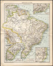 1897 Lithographie originale Carte Bresil Rio de Janeiro Uruguay