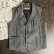 Hommes Tweed Gilet Rétro à Chevrons Laine Mélange Revers Costume Haut en Vrac