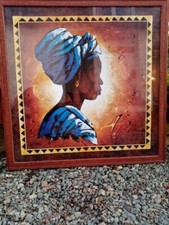 Tableau Cadre Bois Tressé Ethnique Portrait Femme Africaine Sou Verre Signé Moga