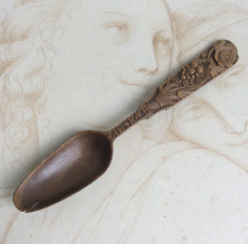 Ancienne Cuillère Bois Sculpté Corne d'abondance, Fleurs Art Populaire 1900