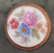Ancienne Broche porcelaine avec monture En Métal Doré Limoges Fleurs 