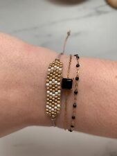 Bijoux Bracelet perles japonaise Miyuki tissées sur cordon, Blanc-Beige-Doré