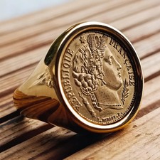 Bague Chevalière Ronde 20 Francs Napoléon III Tête laurée Doré Or fin