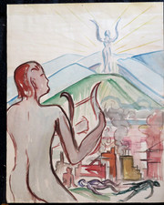 Ecole FRANCAISE XX GRAND DESSIN AQUARELLE ORPHEE HOMME NU SYMBOLISME 1930-1940