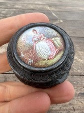 Boite & Pilulier Métal Argenté & Peinture Femme a L'Eventail Vers 1900 Box