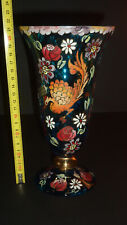 superbe vase fleuri en verre émaillé décor 3 oiseaux signé ROYO ESPAGNOL ESPAGNE