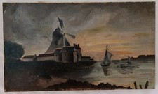 TABLEAU XIX EME HST MOULIN ET VOILIERS AU CREPUSCULE ECOLE DU NORD FLAMANDE