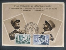 CARTE MAXIMUM TIMBRE MARÉCHAL DE LATTRE & LECLERC LIBÉRATION N°982/84 DIJON 1954