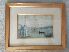 Aquarelle signée paysage Marin Port Phare Signée Encadrée