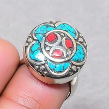 Bague réglable népalaise bijou cadeau fait main turquoise tibétaine corail ro...