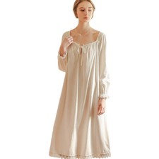 Femme Col Carré Swing Robe Pyjama Long Manches Ballons Nightgown Dentelle Bord