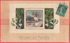 CP ILLUSTREE GAUFREE DORURE HEUREUSE ANNEE GUI SAPIN MAISON NEIGE - 40558