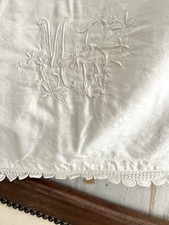 Antique French UNUSED cotton DUVET COVER FILET LACE double MB monogram c1900