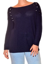 Pull hiver bleu marine uni manches longues col rond fluide perlé épaules T38
