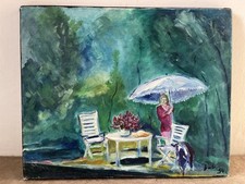 Tableau Peinture Femme Avec Parasol, Jardin D’été, Huile Sur Toile Signé
