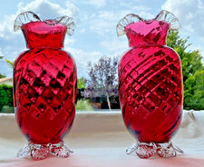 2 Vases VICTORIEN Ancien en Verre Soufflé Bouche Rouge Amberina Ambre 1900