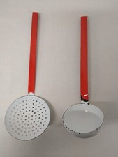 Louche Et Écumoire Émaillée Rouge Et Blanc Vintage